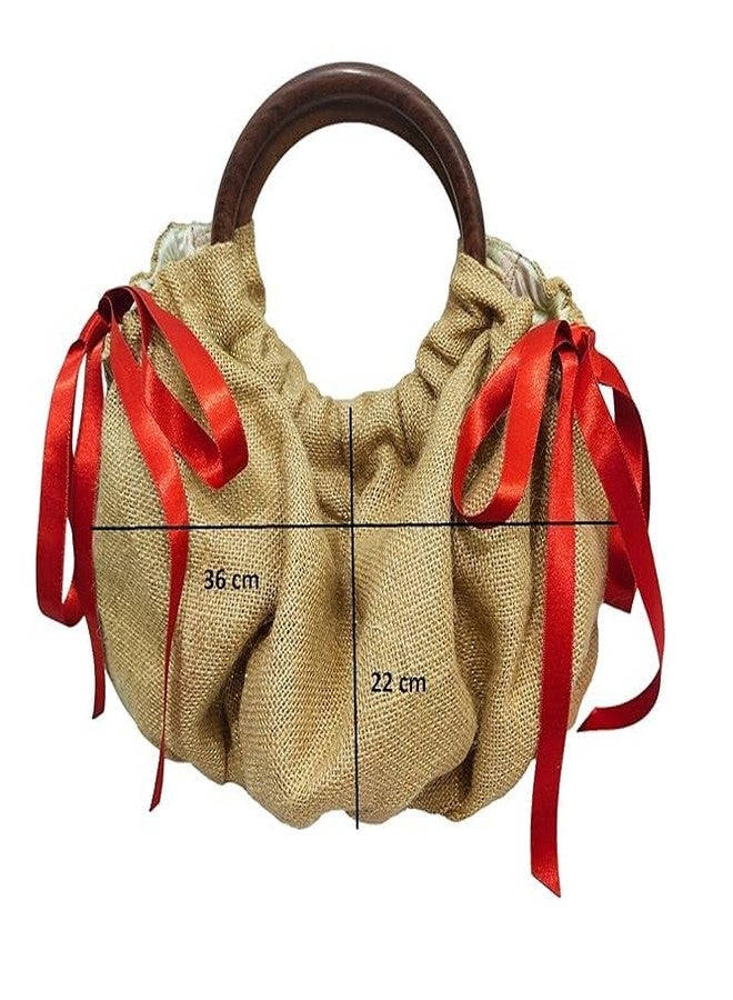 ATHZ women handbag || baggy style wooden handle casual fashion | | Plain jute || hand carry wristlets pouch bags for women (Golden Jute, Satin Orange side bow tie ribbon) - Image 3